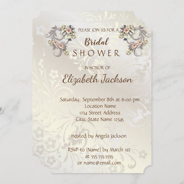 Invitación Elegante Moda Flores Damask Bridal Shower (Anverso / Reverso)