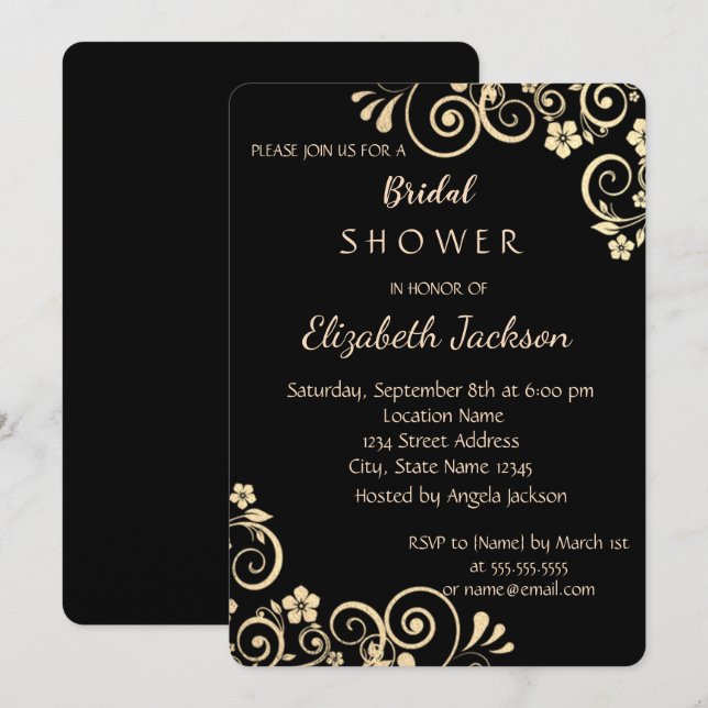 Invitación Elegante Moda Flores de Oro Ducha Bridal (Anverso / Reverso)