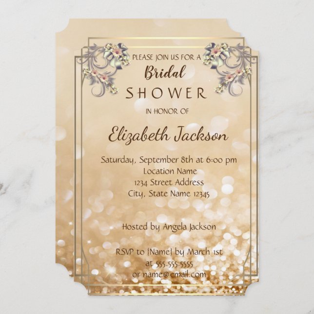 Invitación Elegante Moda Flores Purpurinoso Bokeh Bridal Show (Anverso / Reverso)