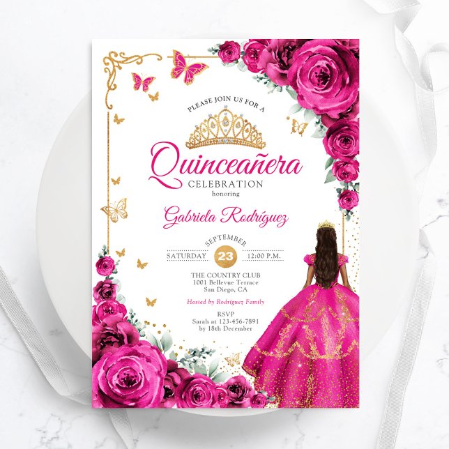 Invitación Elegante Moda Fuchsia Roses rosados Quinceanera de (Subido por el creador)