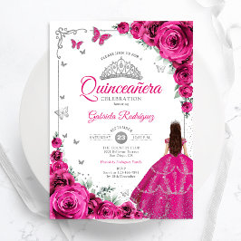 Invitación Elegante Moda Fuchsia Roses rosados Quinceanera fl