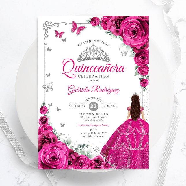 Invitación Elegante Moda Fuchsia Roses rosados Quinceanera fl (Subido por el creador)