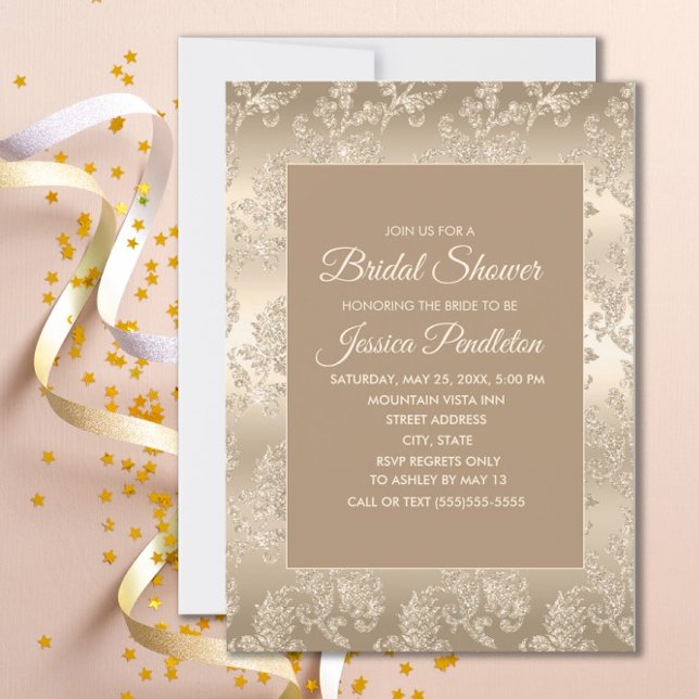 Invitación Elegante Moda Gold Champagne Vintage Bridal Ducha (Gold damask bridal shower invitation
)