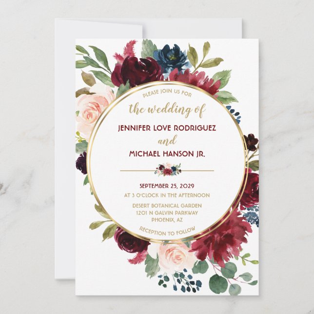 Invitación Elegante Moda Gold Marsala Floral Bouquet Boda (Anverso)