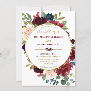 Invitación Elegante Moda Gold Marsala Floral Bouquet Boda