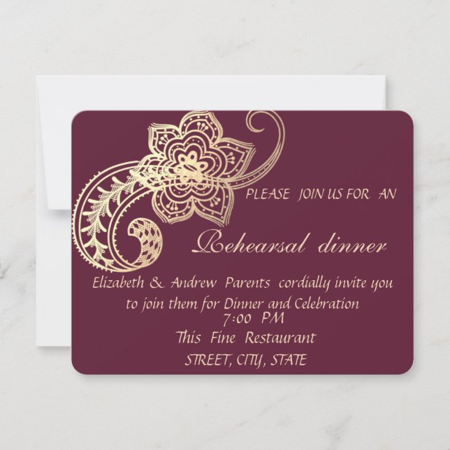 Invitación Elegante Moda Gold Paisley Ensayo Cena (Anverso)
