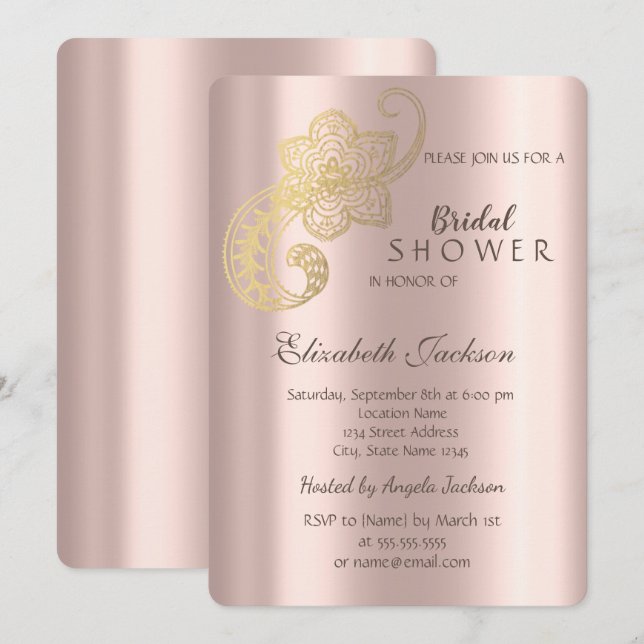 Invitación Elegante Moda Gold Paisley Rosa Gold Bridal Ducha (Anverso / Reverso)