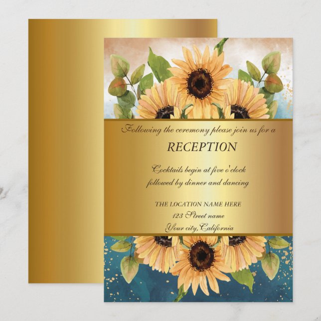 Invitación Elegante Moda Gold,Recepción de boda Sunflowers (Anverso / Reverso)