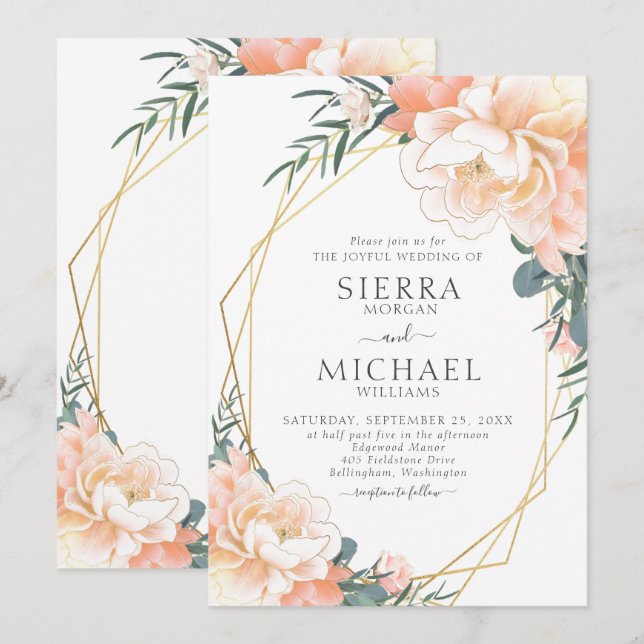 Invitación Elegante Moda Gold Rubor Peach Cream Floral Boda (Anverso / Reverso)