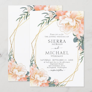 Invitación Elegante Moda Gold Rubor Peach Cream Floral Boda