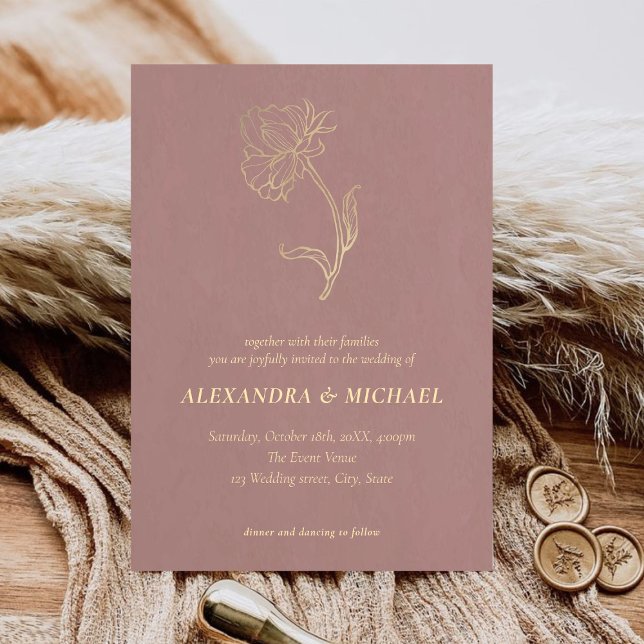 Invitación Elegante Moda Guión de flor dorada Rubor Boda rosa (Subido por el creador)