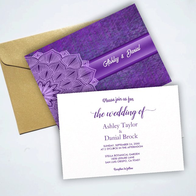 Invitación Elegante Moda Guión púrpura Mandala Boda Rústico (Subido por el creador)