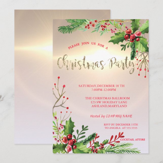 Invitación Elegante Moda Holly Berries Compañía Navidades Fie (Anverso / Reverso)