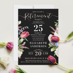 Invitación Elegante Moda Lavanda Negra Jubilación de Flor Sil