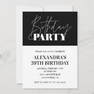 Invitación Elegante Moda Lettering Black White 39 cumpleaños