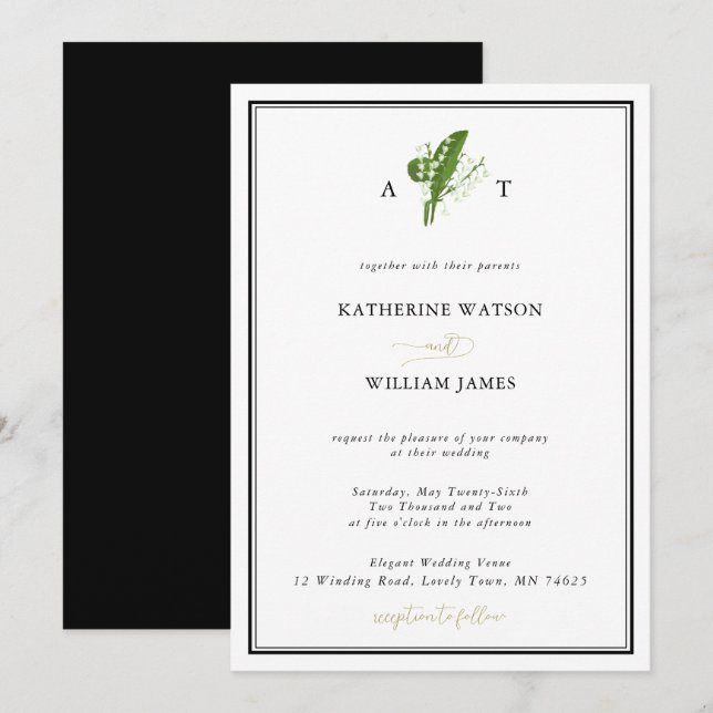 Invitación Elegante Moda Lily Valley Escudo Boda Blanco Negro (Anverso / Reverso)