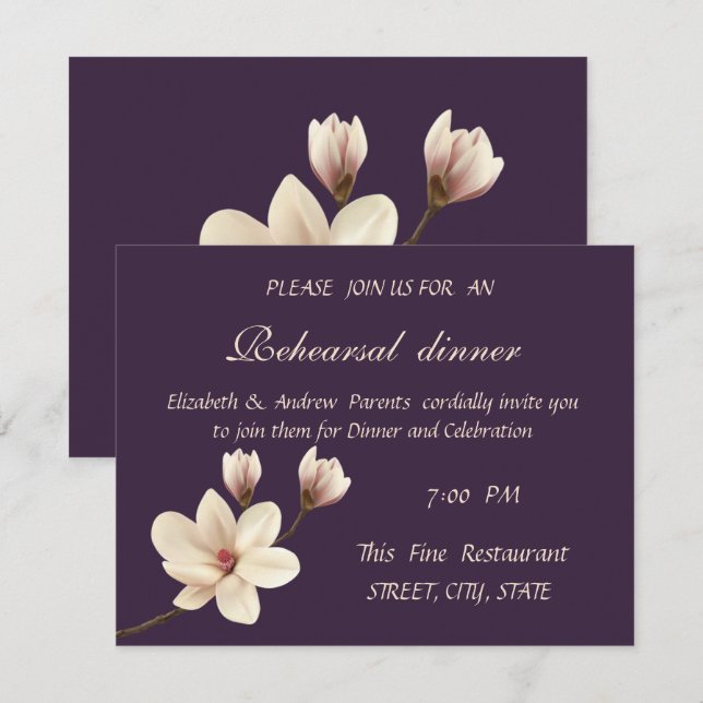 Invitación Elegante Moda Magnolia Ensayo Cena (Anverso / Reverso)