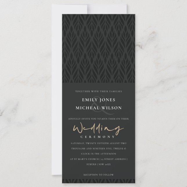 INVITACIÓN ELEGANTE MODA MODERNA ART DECO BODA DE ORO NEGRO (Anverso)
