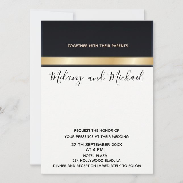 Invitación Elegante moda moderna blanco negro y boda dorado (Anverso)