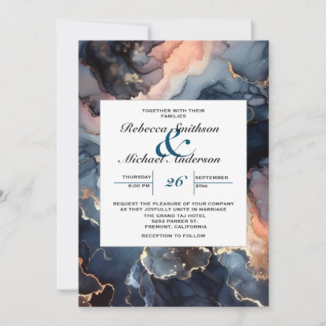 Invitación Elegante Moda moderna Marina Azul y Mármol Peach (Anverso)