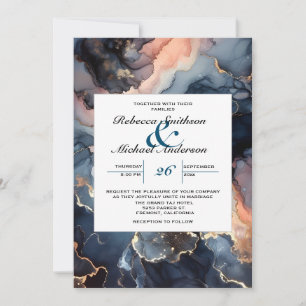 Invitación Elegante Moda moderna Marina Azul y Mármol Peach