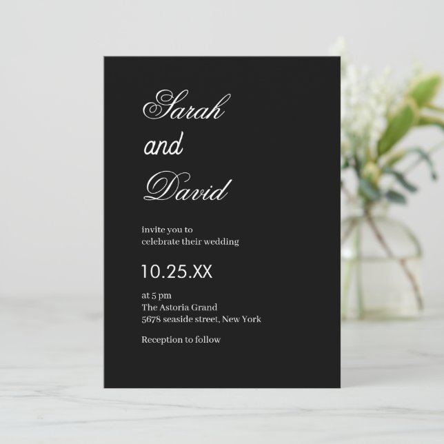 Invitación Elegante moda moderna texto boda blanco y negro (Anverso de pie)