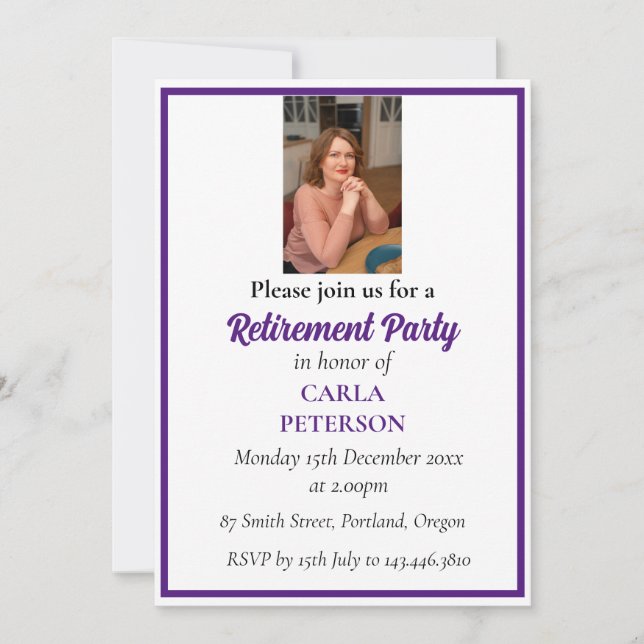 Invitación Elegante Moda morada real Fiesta de Jubilación Fot (Anverso)