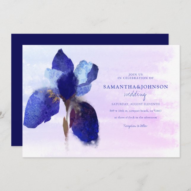 Invitación Elegante moda Morado Iris Ombre Boda de acuarela (Anverso / Reverso)
