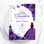 Invitación Elegante Moda Morado Plata Floral Quinceanera<br><div class="desc">Invitación a la celebración de Quinceanera morado, plateado y blanco. Cuenta con chica de morena en vestido de bata de bola, fuente de guión, mariposas plateadas, rosas púrpura y tiara. Perfecto para una elegante celebración de glam al estilo de la princesa. Personaliza con tus propios detalles. Invitaciones Zazzle impresas o...</div>