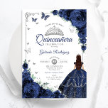 Invitación Elegante Moda Navy Floral Plata Azul Quinceanera<br><div class="desc">Invitación a la celebración de Quinceanera azul marino, plata y blanco. Cuenta con chica de morena en vestido de payaso de bola, letra de guión, mariposas plateadas, rosas y tiara. Perfecto para una elegante celebración de glam al estilo de la princesa. Personaliza con tus propios detalles. Invitaciones Zazzle impresas o...</div>