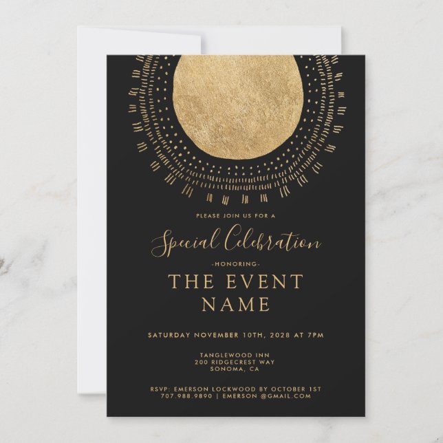 Invitación Elegante Moda negra del círculo dorado (Anverso)
