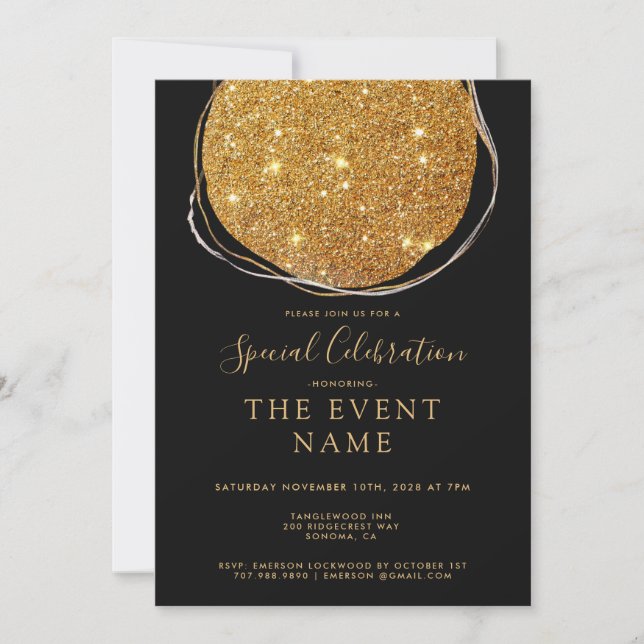 Invitación Elegante Moda negra del círculo dorado (Anverso)