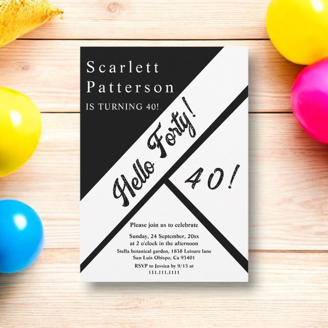 Invitación Elegante Moda Negro y Blanco Moderno 40 cumpleaños (Subido por el creador)