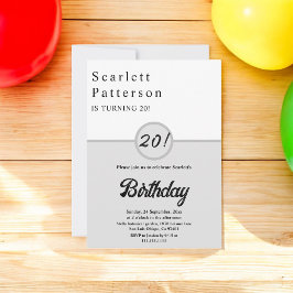 Invitación Elegante Moda Negro y Gris Blanco 20 cumpleaños