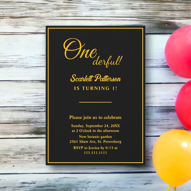Invitación Elegante Moda Negro Y Oro Mínimo Primer Cumpleaños (Subido por el creador)