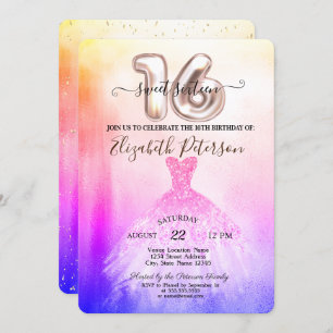 Invitación Elegante Moda Ombre Vestido Confetti Dulce 16