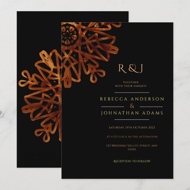 Invitación Elegante Moda Ornamental Negro y Boda Oro (Anverso / Reverso)