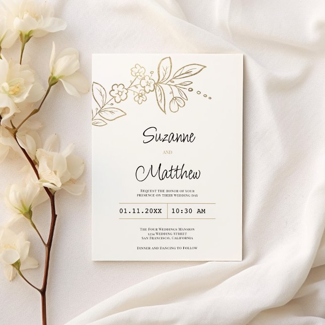 Invitación Elegante moda oro blanco Boda floral simple (Elegant chic white gold simple floral Wedding)