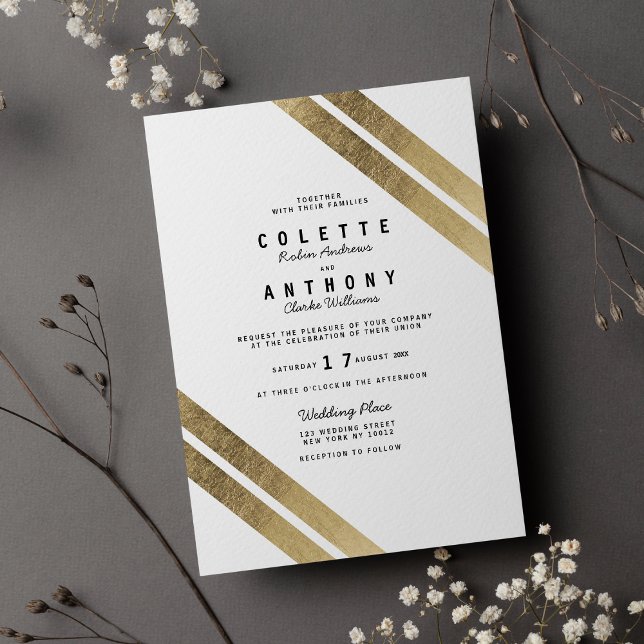 Invitación Elegante Moda Oro Blanco Moderno Stripe Glam Boda (Elegant Chic Gold White Modern Stripe Glam Wedding)