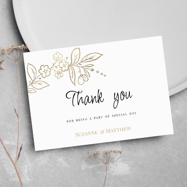 Invitación Elegante moda oro blanco simple floral Gracias (Elegant chic white gold simple floral Thank You)