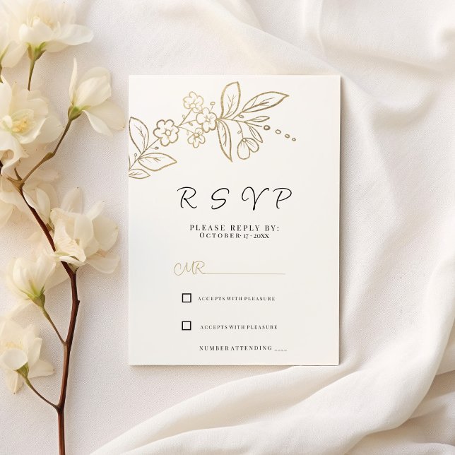 Invitación Elegante moda oro blanco simple RSVP floral (Elegant chic white gold simple floral RSVP )