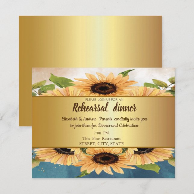 Invitación Elegante Moda Oro,Cena de Ensayos Sunflowers (Anverso / Reverso)