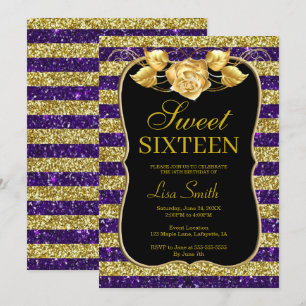 Invitación Elegante Moda Oro Purpurina Púrpura Rosa Dulce 16