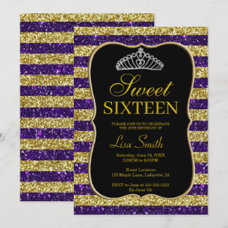 Invitación Elegante Moda Oro Purpurina Púrpura Tiara Sweet 16