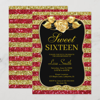 Invitación Elegante Moda Oro Purpurina Rojo Rosa Dulce 16