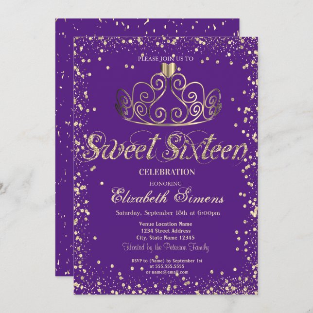 Invitación Elegante Moda Oro Tiara Diamantes Confetti Dulce 1 (Anverso / Reverso)