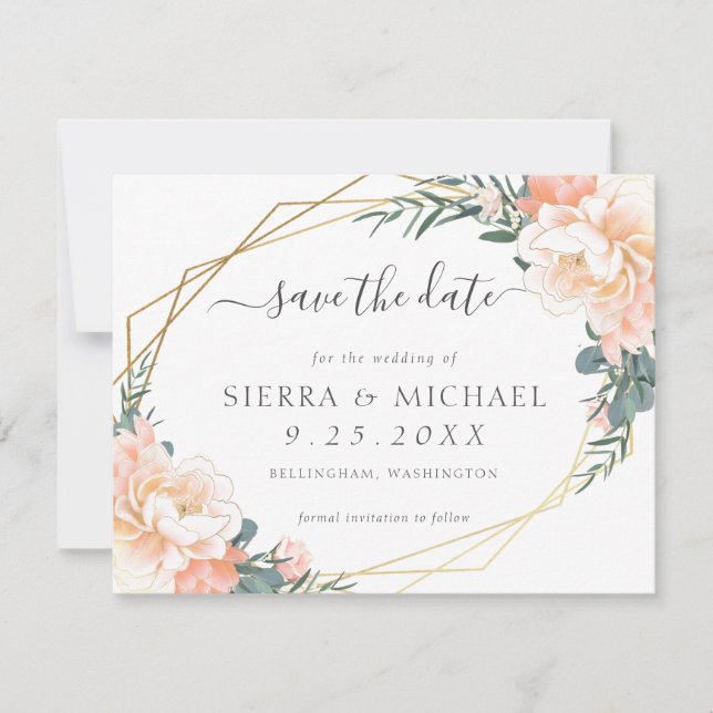 Invitación Elegante Moda Peach Cream Gold Floral Save the Dat (Anverso)