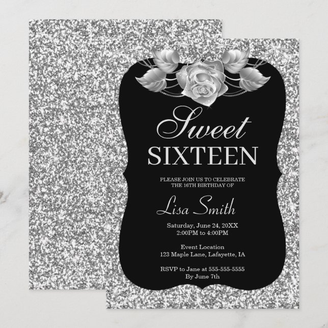 Invitación Elegante Moda Plata Purpurina Plata Rosa Dulce 16 (Anverso / Reverso)