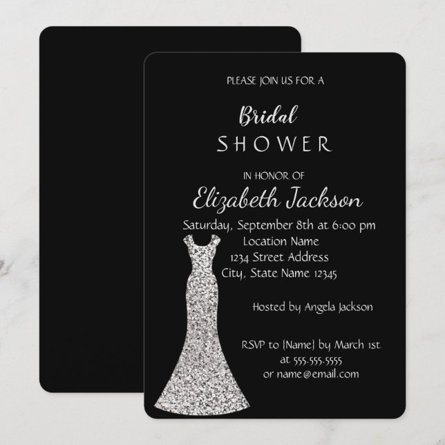 Invitación Elegante Moda Plata Vestido Bridal Ducha (Anverso / Reverso)