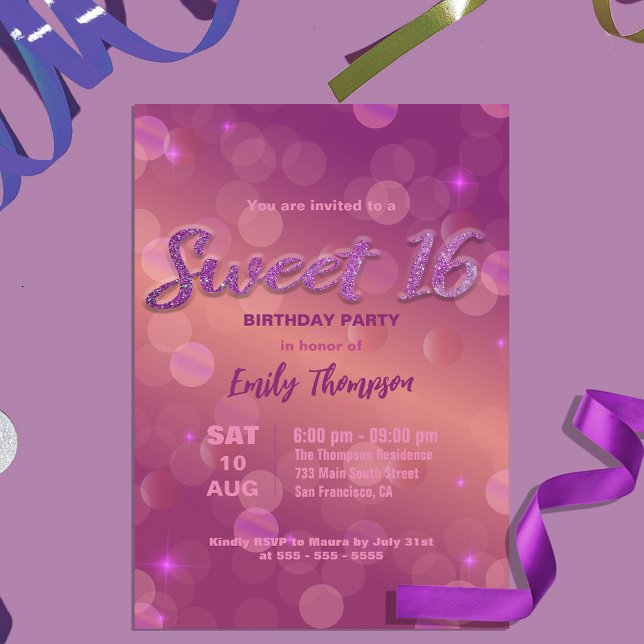 Invitación Elegante Moda Púrpura Rosa Luces Espumosas Dulces  (Subido por el creador)